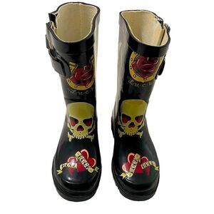 Skull Rain Boots Rock & Roll Roses Lucky  Boots Chooka Black Unisex Kids Size 10